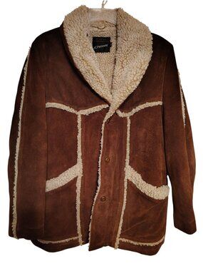 Vintage Brown Leather Suede Size 44 Large Coat Jacket, Sherpa Lined Western Barn